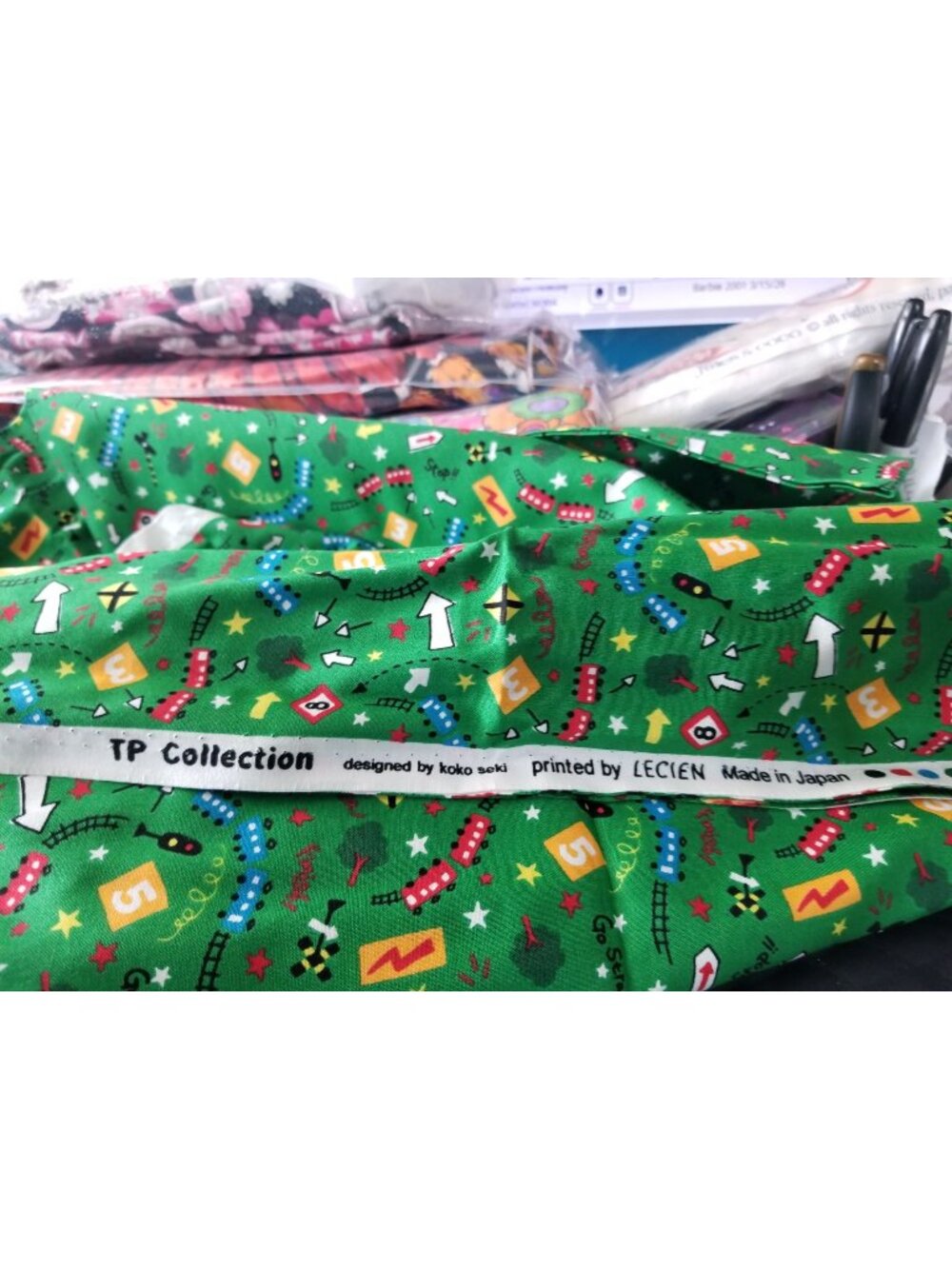 Material Keepsake Cotton Green Fabric Train Station Trains Lights Signs Trees T
